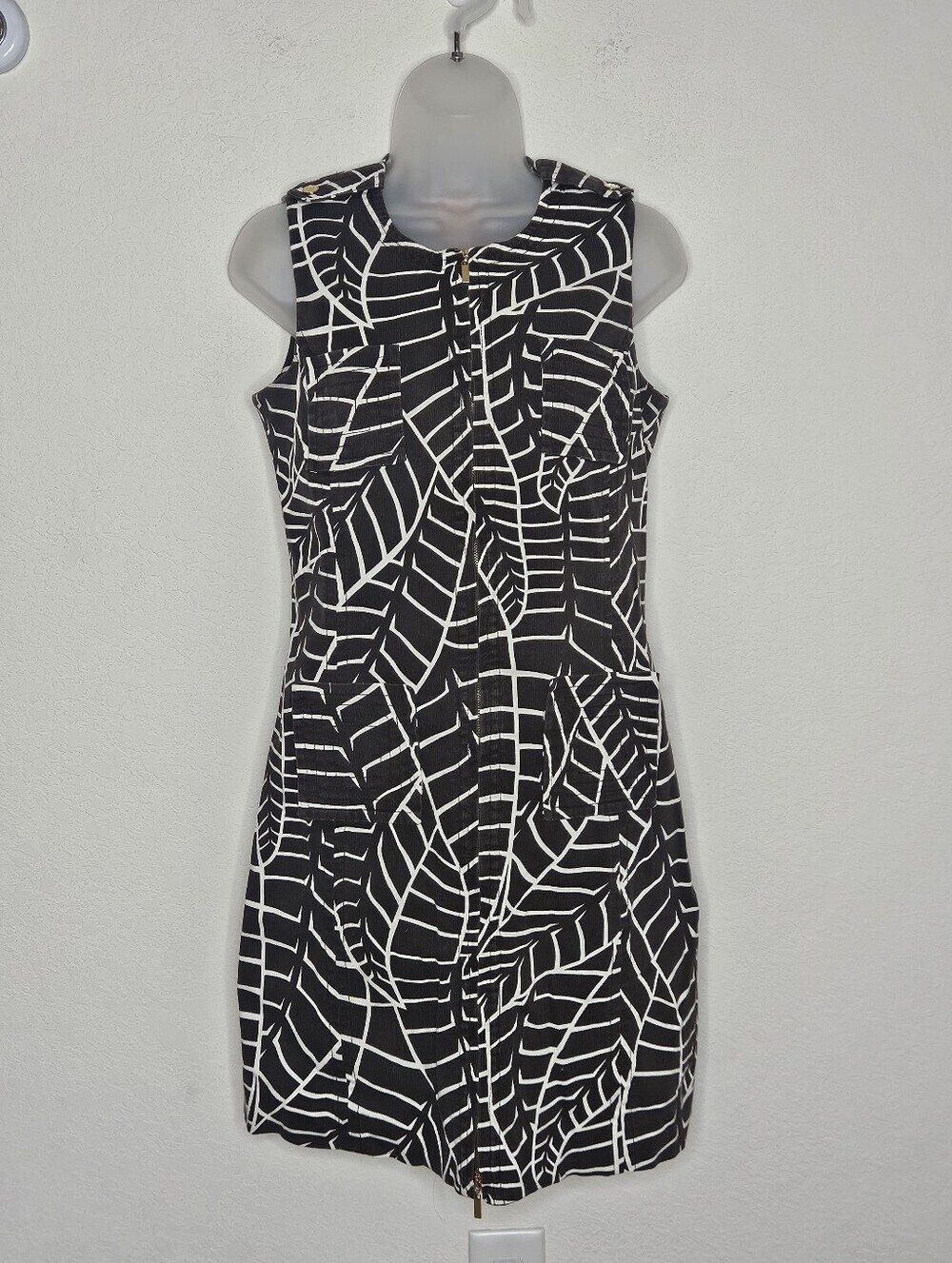 Tory Burch Brown & White Printed Zip Front Shift Dress Leaf Corduroy Size 6